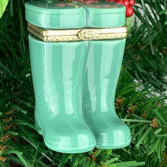 Green Wellies Boots Porcelain Hinged Trinket Box Christmas Ornament - Picture 5 of 6